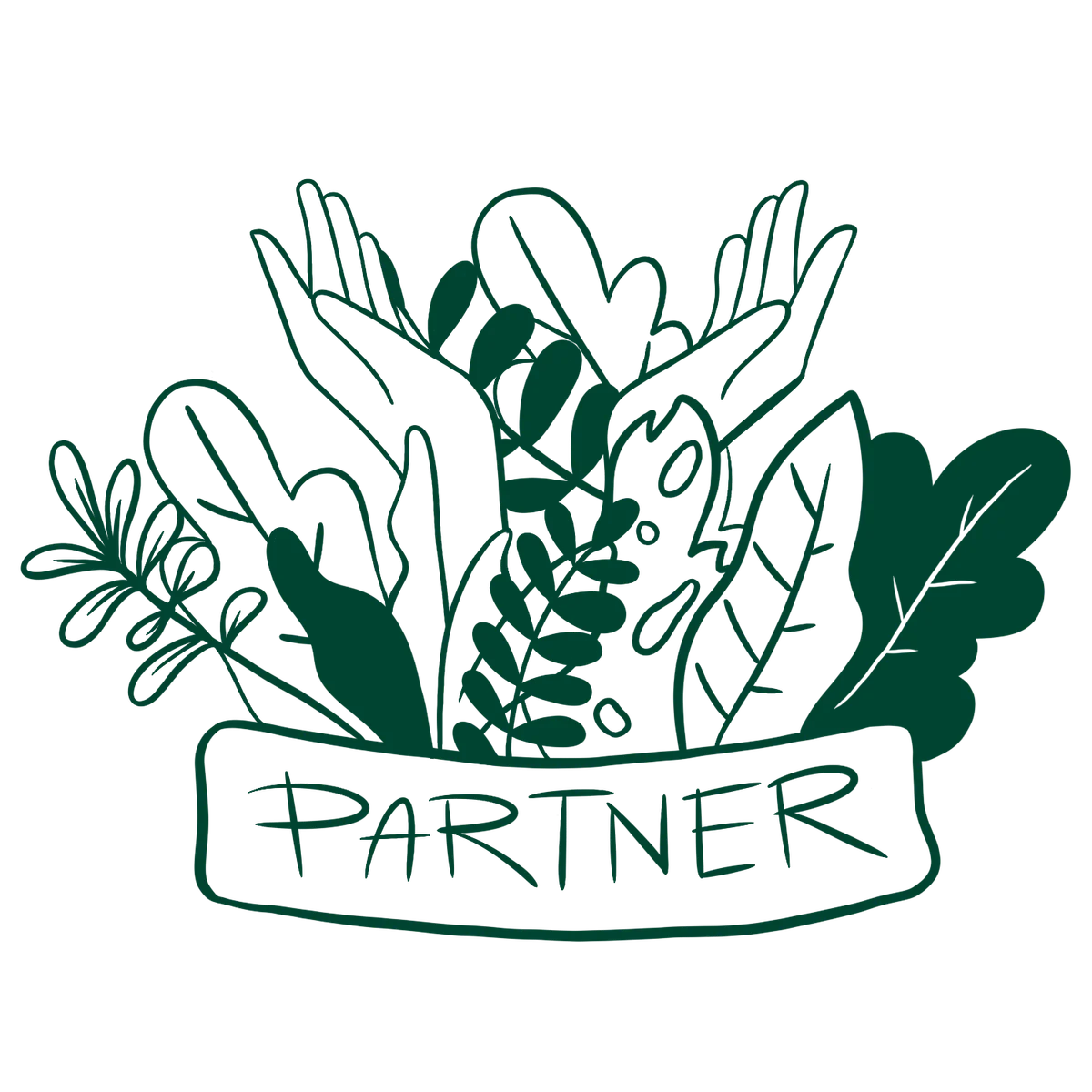 Line drawing of green botanical leaves and plants arranged in a wreath with a banner reading 