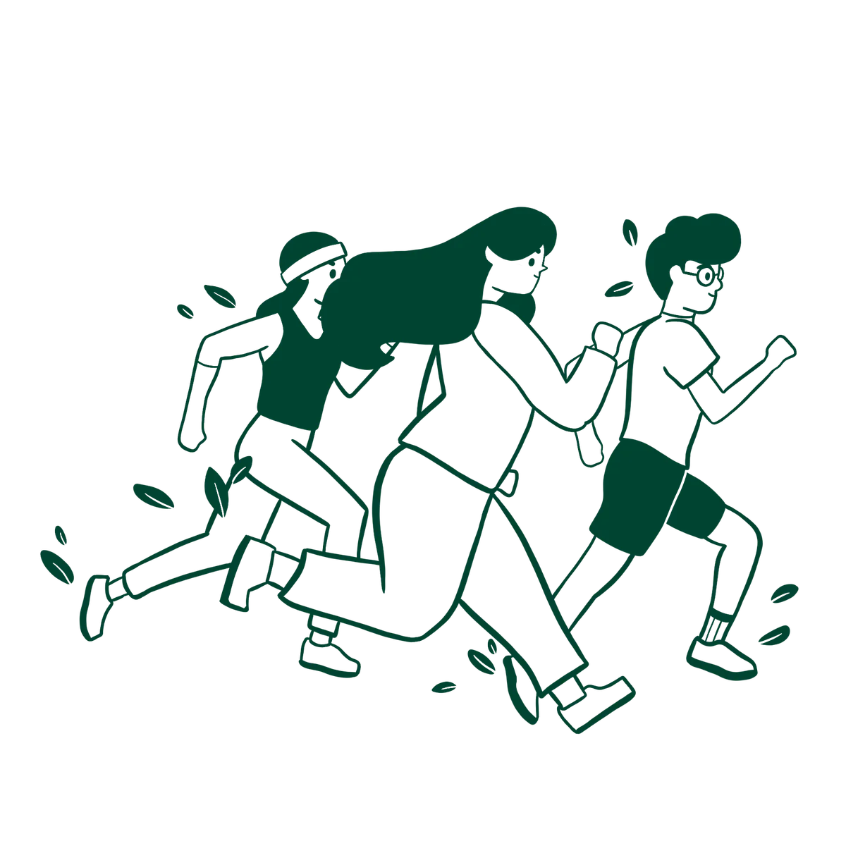 Three runners jogging together in green line art style with leaves swirling around them.