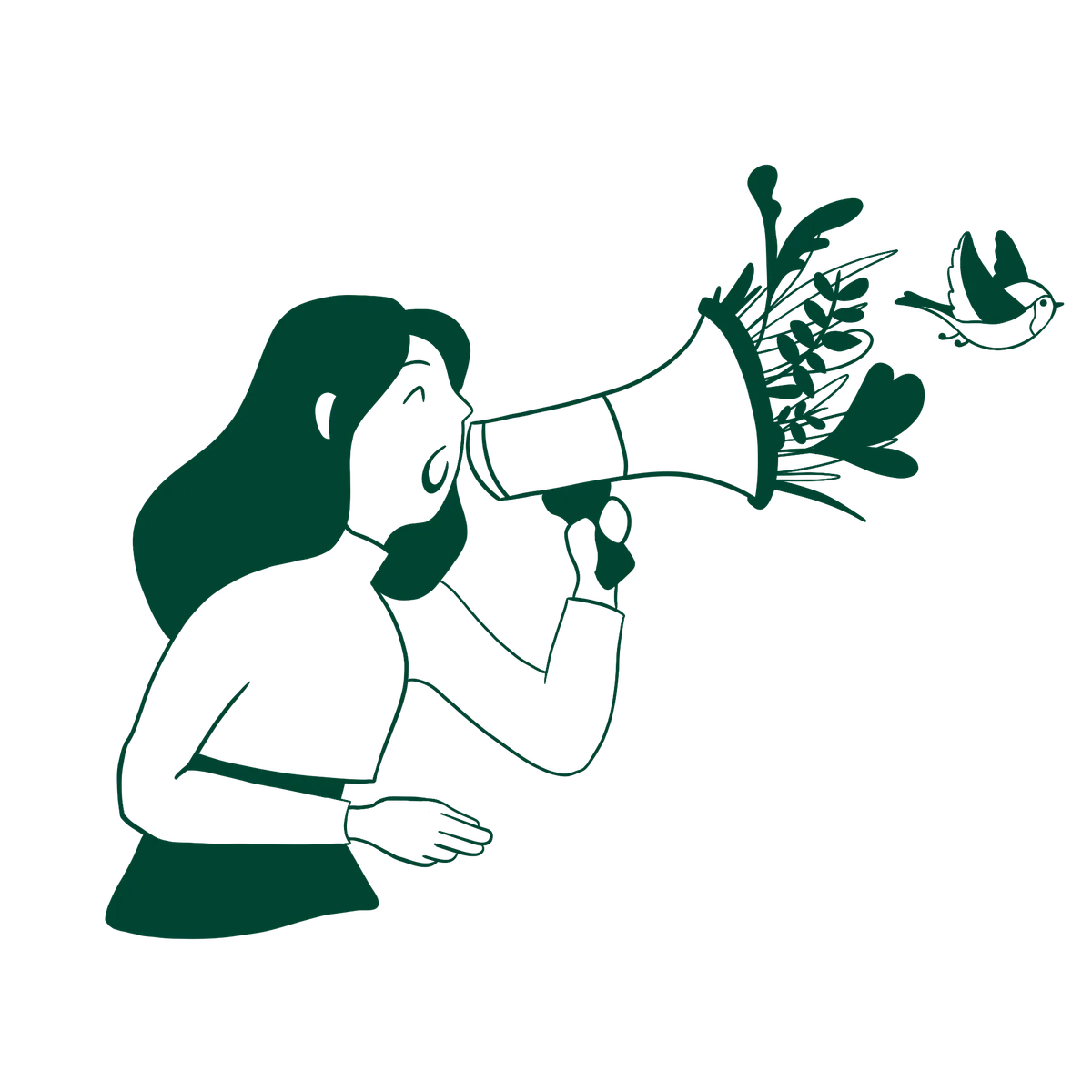 Woman speaking into megaphone at plant with bird, green environmental advocacy illustration