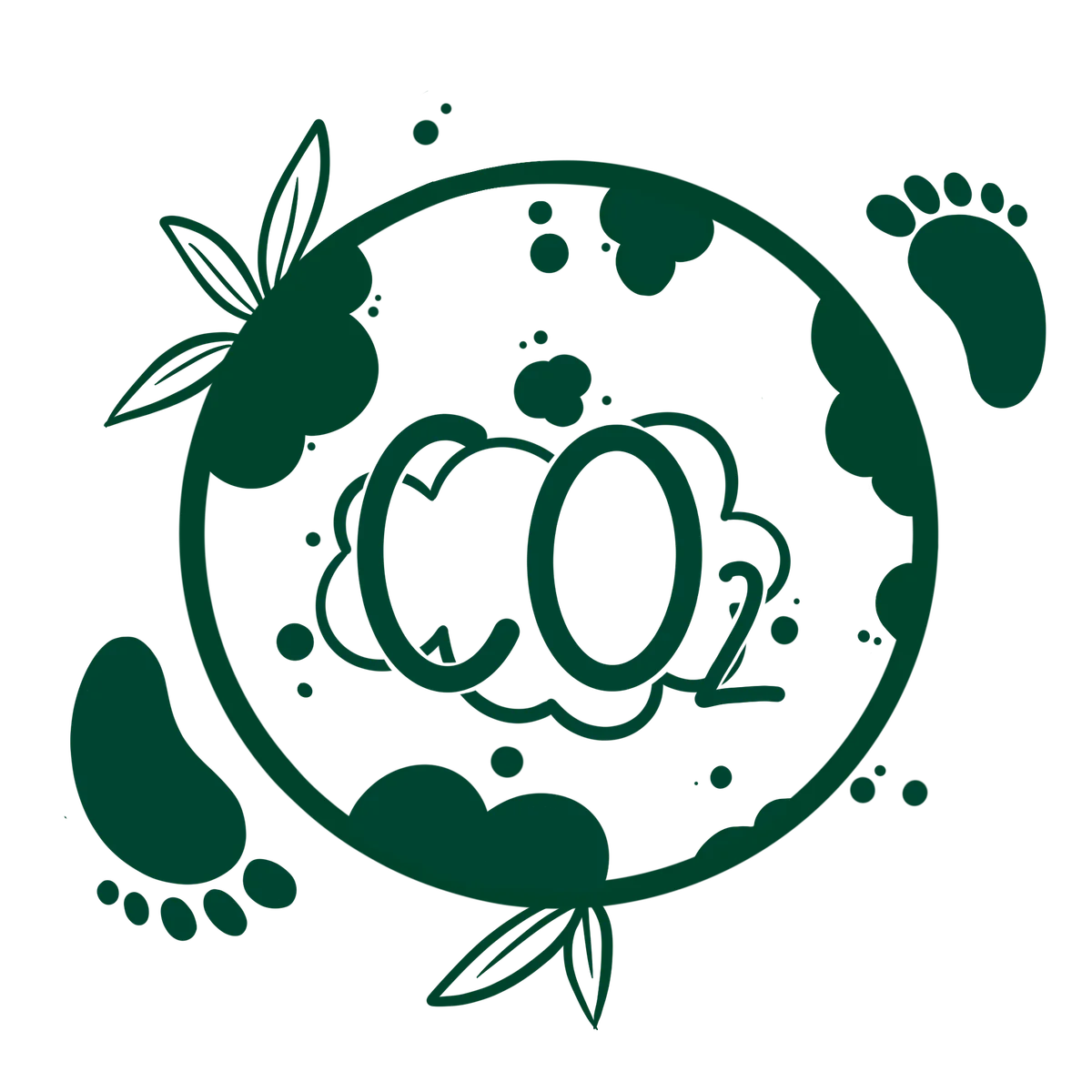 Green CO2 symbol surrounded by leaves and botanical elements, representing carbon neutrality and sustainability.